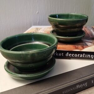Vintage McCoy Emerald Green Mid Century Modern Pottery Flower Pot Set USA